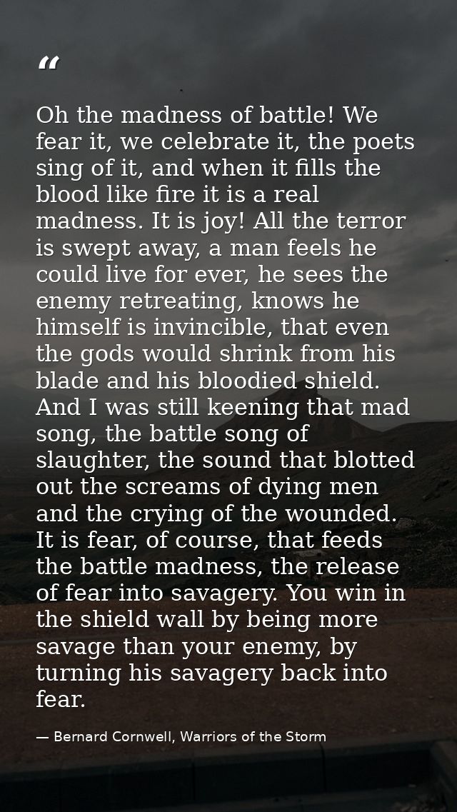 Oh the madness of battle! We fear it, we celebrate it, the poets sing of it, and when it fills the blood like fire it is — Bernard Cornwell, Warriors of the Storm