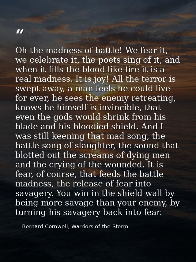 Oh the madness of battle! We fear it, we celebrate it, the poets sing of it, and when it fills the blood like fire it is — Bernard Cornwell, Warriors of the Storm