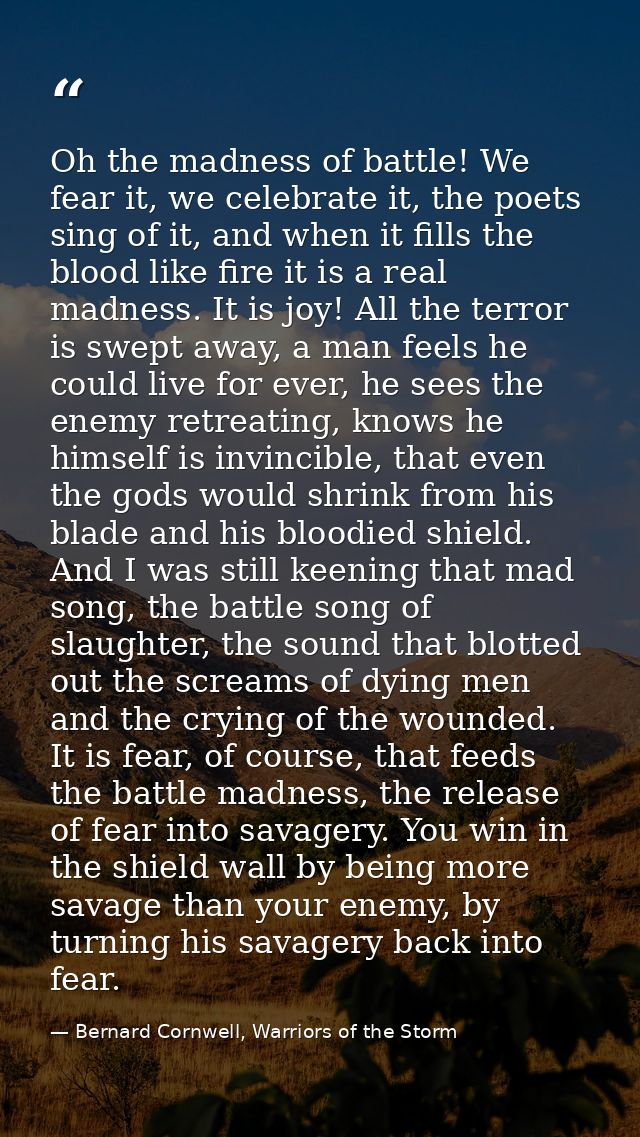 Oh the madness of battle! We fear it, we celebrate it, the poets sing of it, and when it fills the blood like fire it is — Bernard Cornwell, Warriors of the Storm