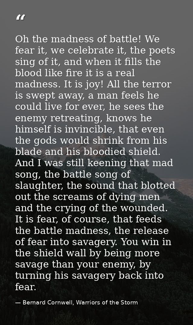 Oh the madness of battle! We fear it, we celebrate it, the poets sing of it, and when it fills the blood like fire it is — Bernard Cornwell, Warriors of the Storm