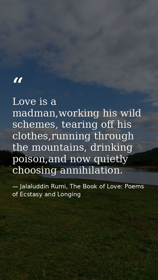 Love is a madman,working his wild schemes, tearing off his clothes,running through the mountains, drinking poison,and no — Jalaluddin Rumi, The Book of Love: Poems of Ecstasy and Longing