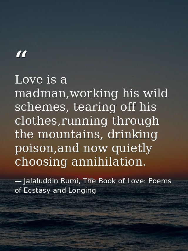 Love is a madman,working his wild schemes, tearing off his clothes,running through the mountains, drinking poison,and no — Jalaluddin Rumi, The Book of Love: Poems of Ecstasy and Longing