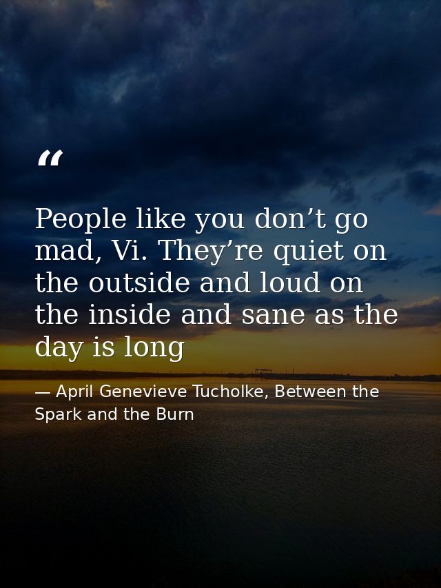 People like you don’t go mad, Vi. They’re quiet on the outside and loud on the inside and sane as the day is long — April Genevieve Tucholke, Between the Spark and the Burn
