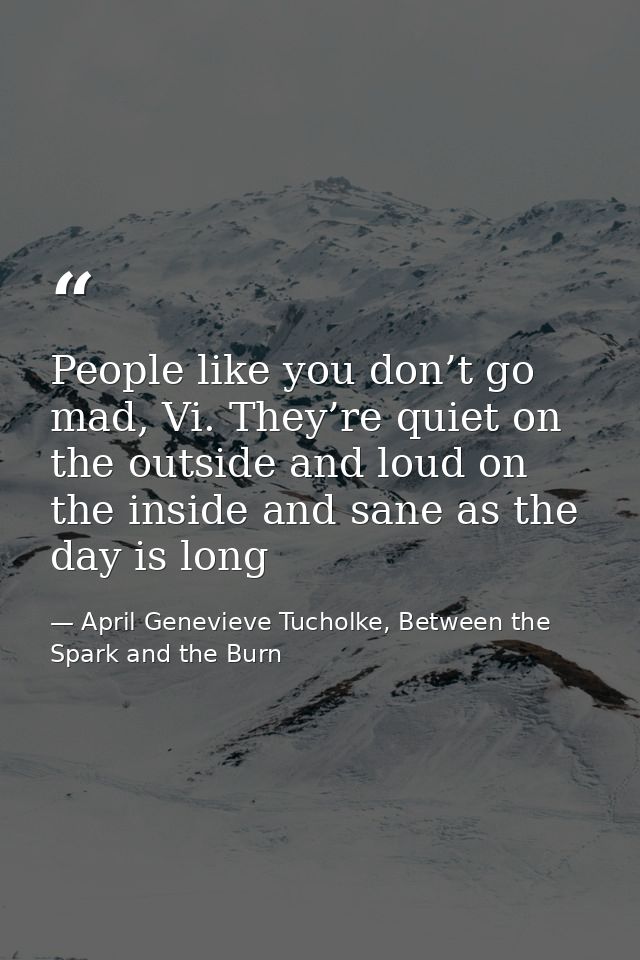 People like you don’t go mad, Vi. They’re quiet on the outside and loud on the inside and sane as the day is long — April Genevieve Tucholke, Between the Spark and the Burn