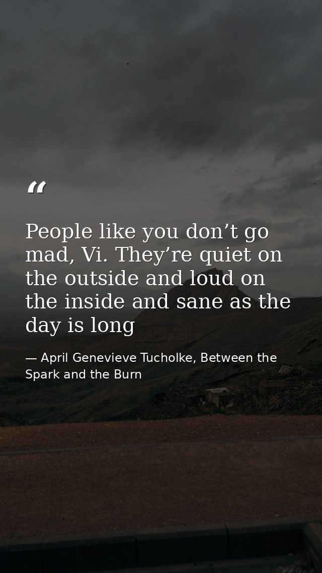 People like you don’t go mad, Vi. They’re quiet on the outside and loud on the inside and sane as the day is long — April Genevieve Tucholke, Between the Spark and the Burn