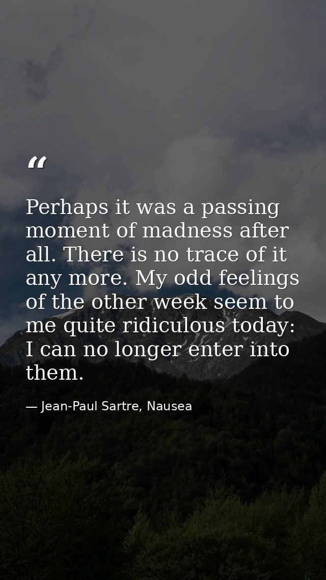 Perhaps it was a passing moment of madness after all. There is no trace of it any more. My odd feelings of the other wee — Jean-Paul Sartre, Nausea