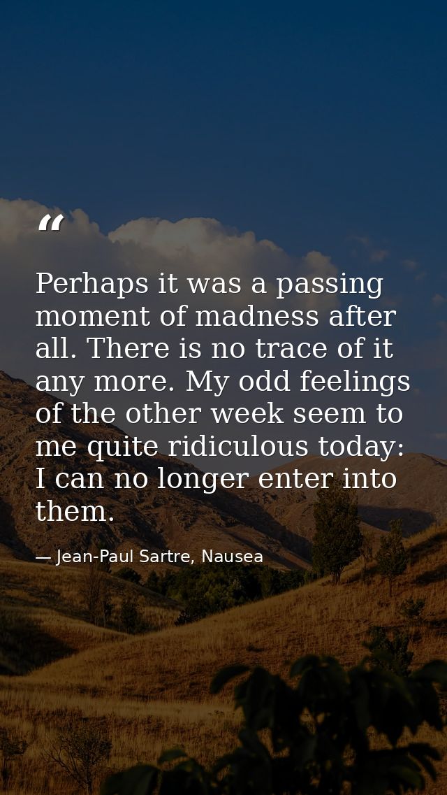 Perhaps it was a passing moment of madness after all. There is no trace of it any more. My odd feelings of the other wee — Jean-Paul Sartre, Nausea