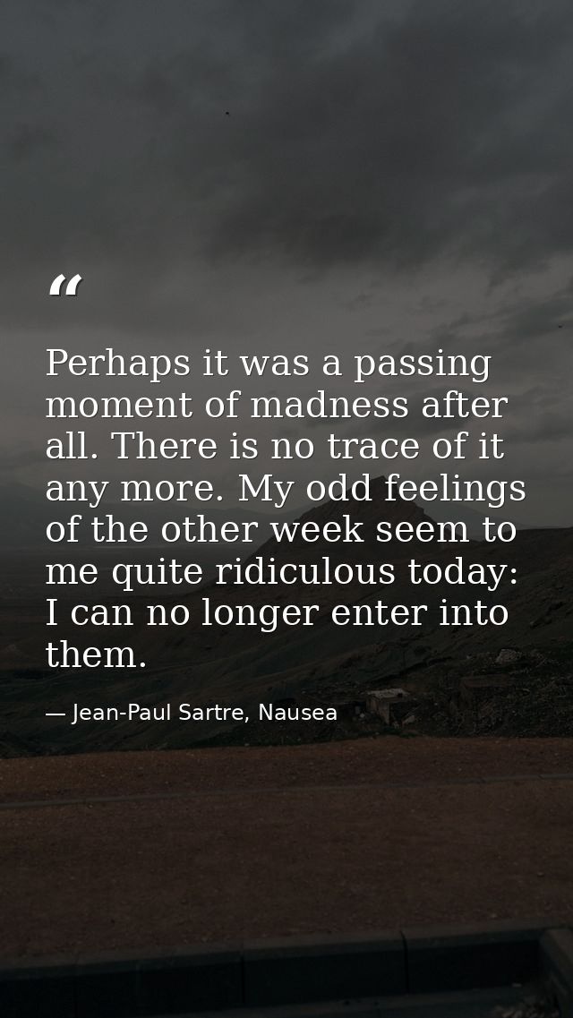 Perhaps it was a passing moment of madness after all. There is no trace of it any more. My odd feelings of the other wee — Jean-Paul Sartre, Nausea