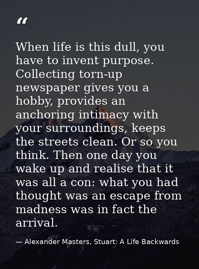 When life is this dull, you have to invent purpose. Collecting torn-up newspaper gives you a hobby, provides an anchorin — Alexander Masters, Stuart: A Life Backwards