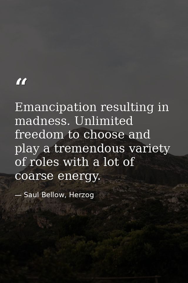 Emancipation resulting in madness. Unlimited freedom to choose and play a tremendous variety of roles with a lot of coar — Saul Bellow, Herzog