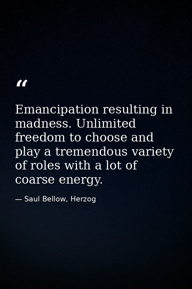 Emancipation resulting in madness. Unlimited freedom to choose and play a tremendous variety of roles with a lot of coar — Saul Bellow, Herzog