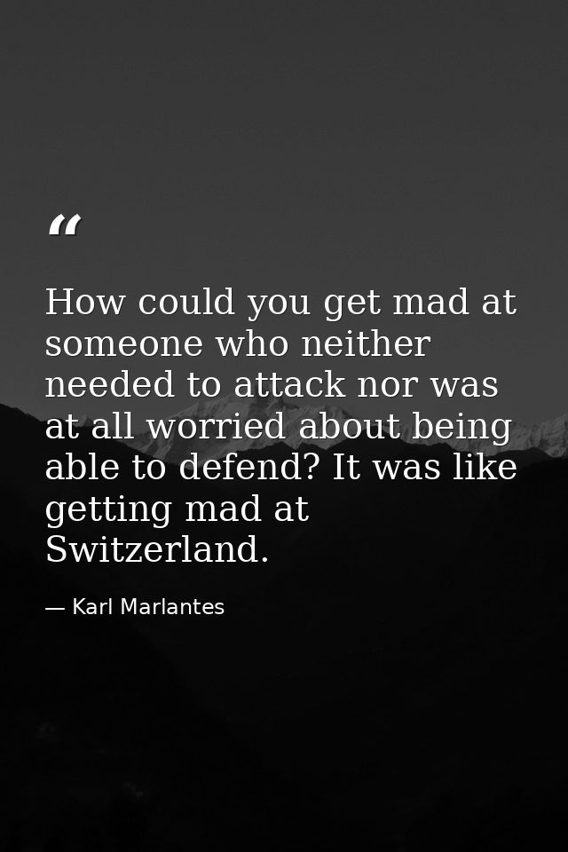 How could you get mad at someone who neither needed to attack nor was at all worried about being able to defend? It was  — Karl Marlantes