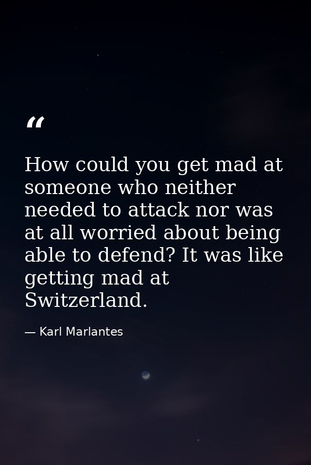 How could you get mad at someone who neither needed to attack nor was at all worried about being able to defend? It was  — Karl Marlantes