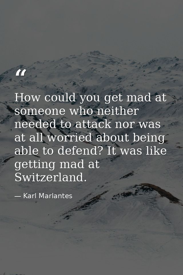 How could you get mad at someone who neither needed to attack nor was at all worried about being able to defend? It was  — Karl Marlantes