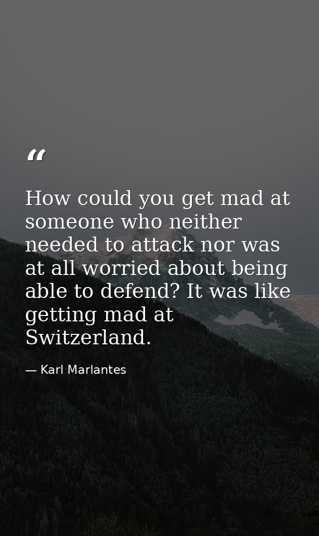 How could you get mad at someone who neither needed to attack nor was at all worried about being able to defend? It was  — Karl Marlantes