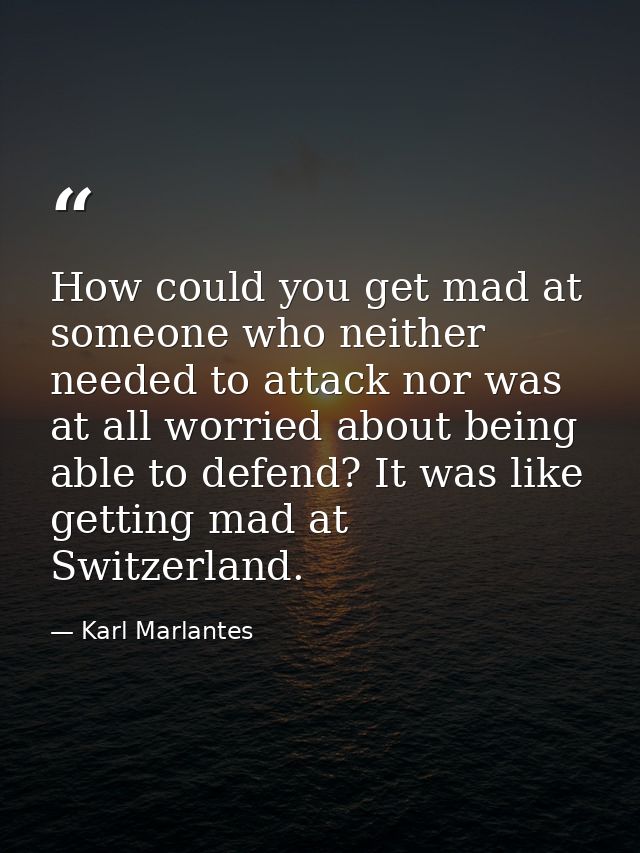 How could you get mad at someone who neither needed to attack nor was at all worried about being able to defend? It was  — Karl Marlantes