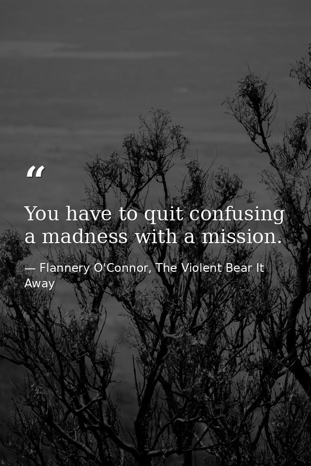 You have to quit confusing a madness with a mission. — Flannery O'Connor, The Violent Bear It Away