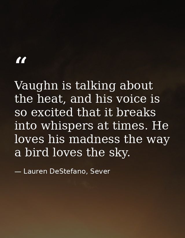 Vaughn is talking about the heat, and his voice is so excited that it breaks into whispers at times. He loves his madnes — Lauren DeStefano, Sever