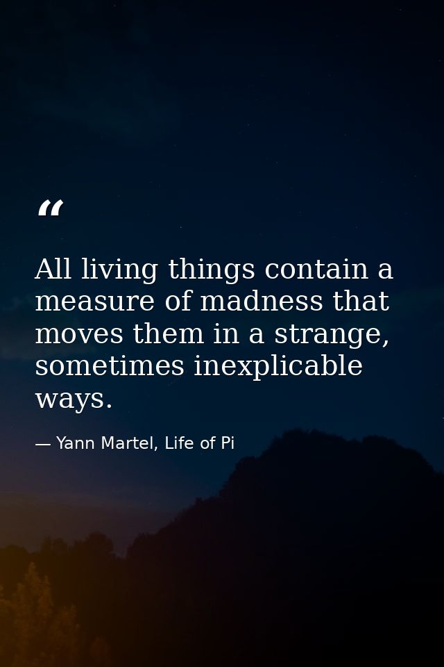 All living things contain a measure of madness that moves them in a strange, sometimes inexplicable ways. — Yann Martel, Life of Pi