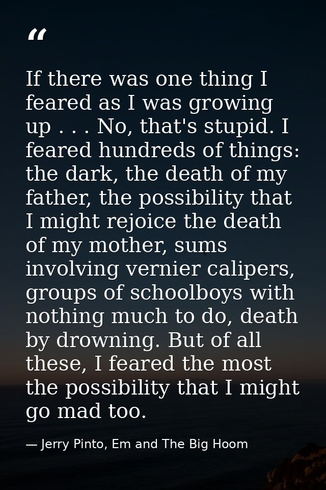 If there was one thing I feared as I was growing up . . . No, that's stupid. I feared hundreds of things: the dark, the  — Jerry Pinto, Em and The Big Hoom