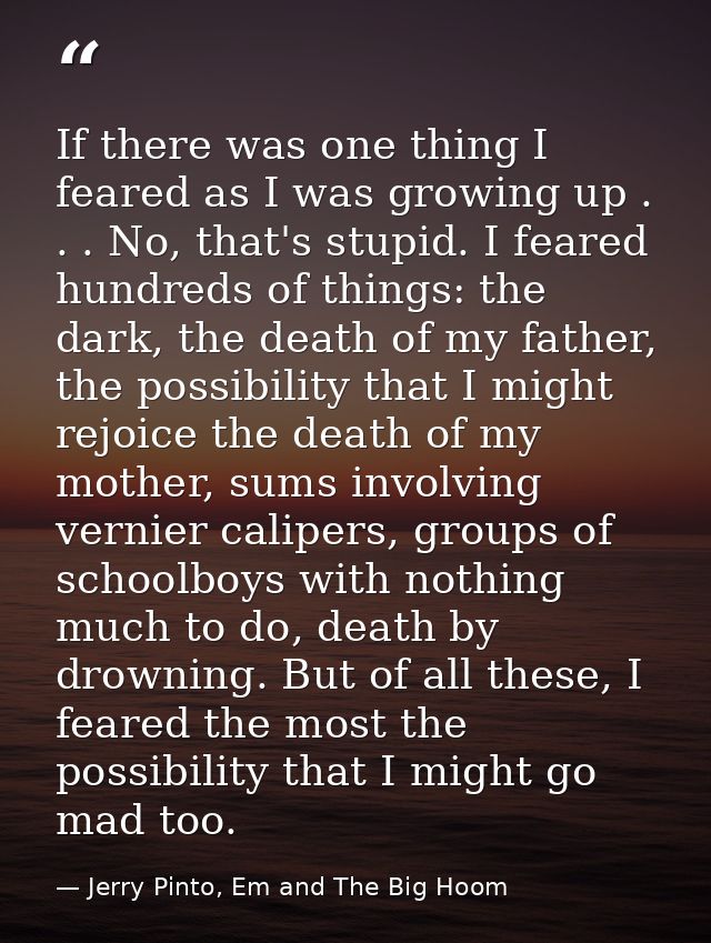 If there was one thing I feared as I was growing up . . . No, that's stupid. I feared hundreds of things: the dark, the  — Jerry Pinto, Em and The Big Hoom