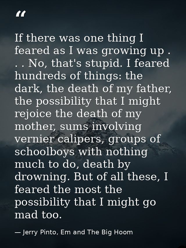 If there was one thing I feared as I was growing up . . . No, that's stupid. I feared hundreds of things: the dark, the  — Jerry Pinto, Em and The Big Hoom