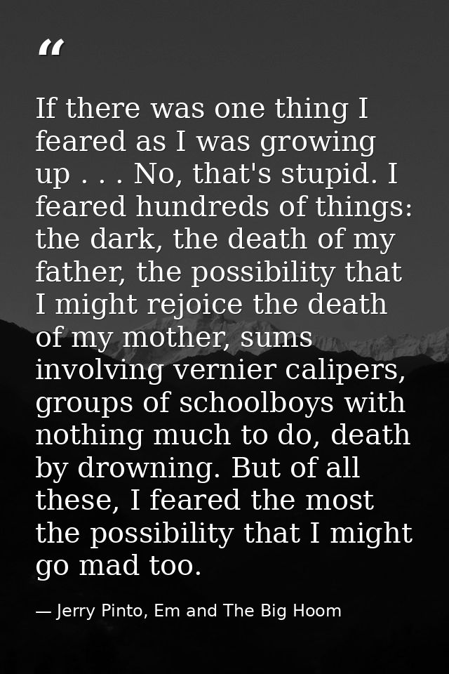 If there was one thing I feared as I was growing up . . . No, that's stupid. I feared hundreds of things: the dark, the  — Jerry Pinto, Em and The Big Hoom