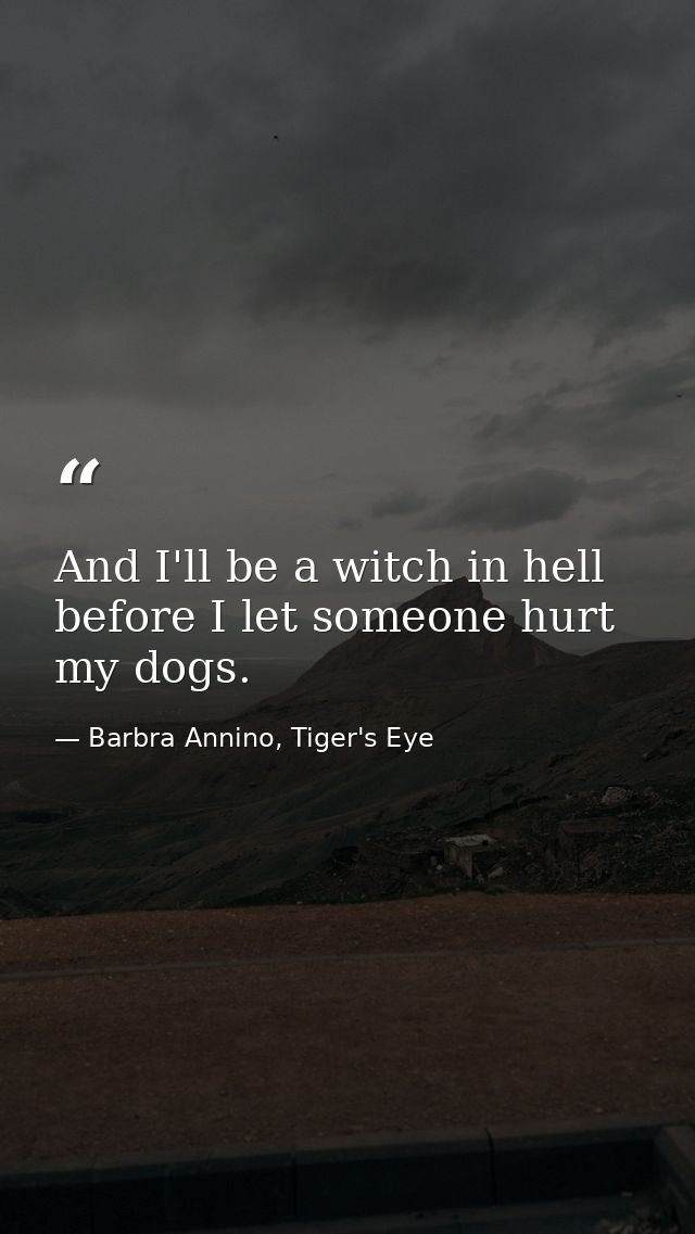 And I'll be a witch in hell before I let someone hurt my dogs. — Barbra Annino, Tiger's Eye