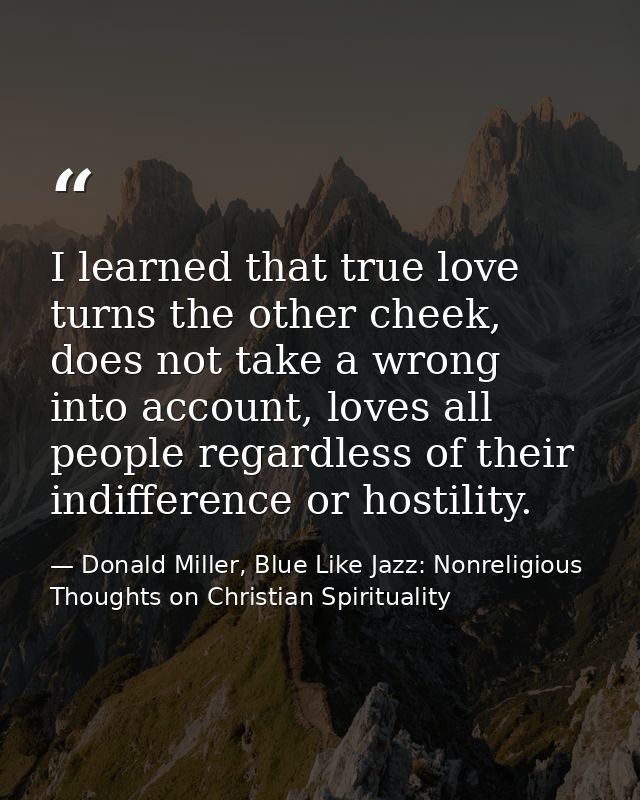I learned that true love turns the other cheek, does not take a wrong into account, loves all people regardless of their — Donald Miller, Blue Like Jazz: Nonreligious Thoughts on Christian Spirituality