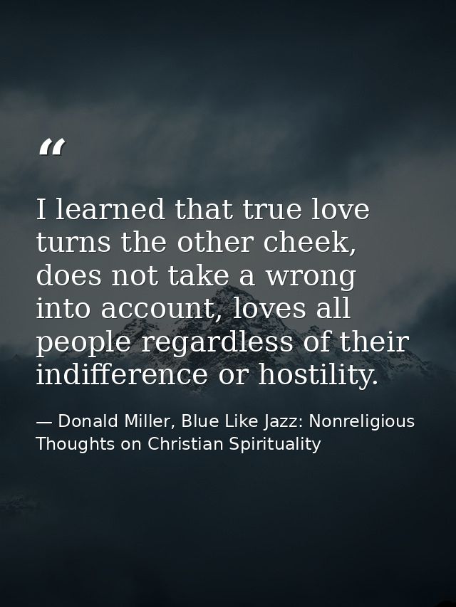 I learned that true love turns the other cheek, does not take a wrong into account, loves all people regardless of their — Donald Miller, Blue Like Jazz: Nonreligious Thoughts on Christian Spirituality