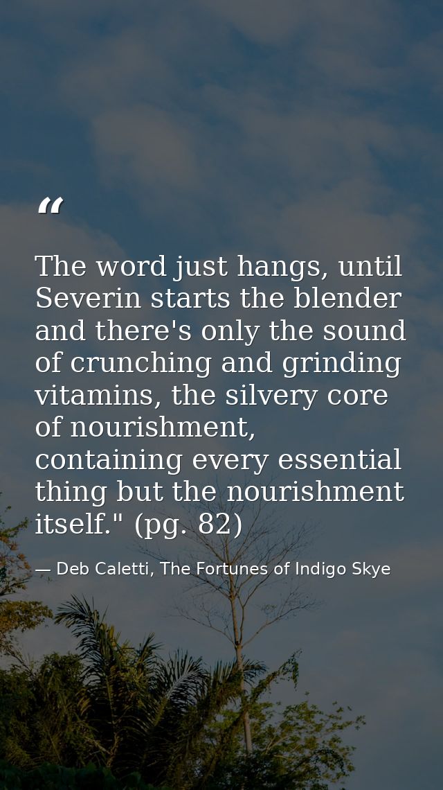 The word just hangs, until Severin starts the blender and there's only the sound of crunching and grinding vitamins, the — Deb Caletti, The Fortunes of Indigo Skye