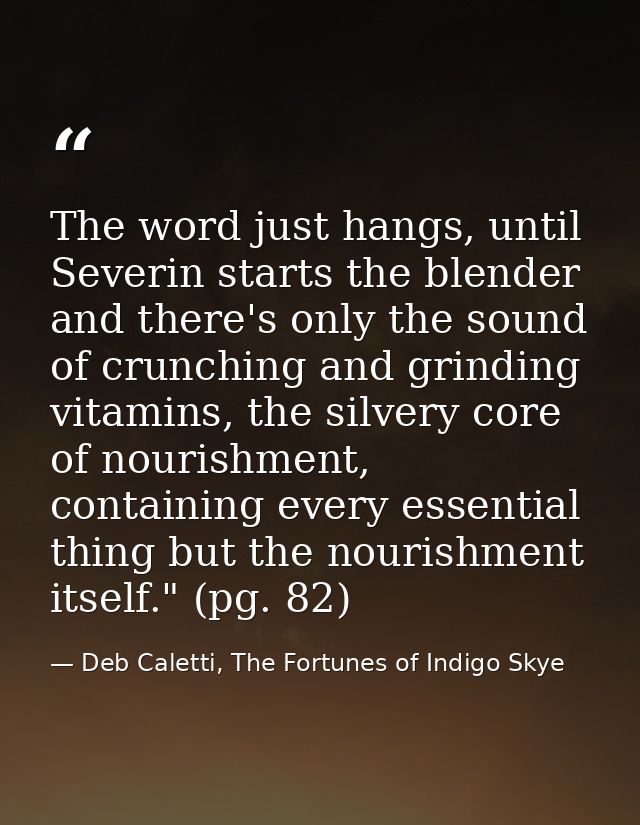 The word just hangs, until Severin starts the blender and there's only the sound of crunching and grinding vitamins, the — Deb Caletti, The Fortunes of Indigo Skye