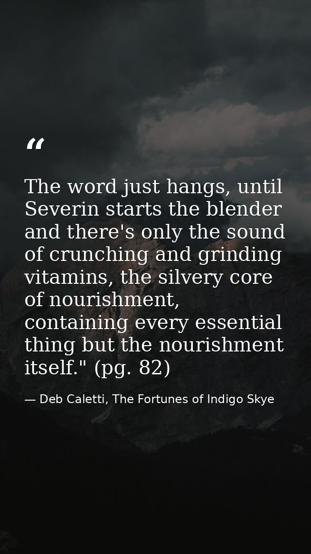 The word just hangs, until Severin starts the blender and there's only the sound of crunching and grinding vitamins, the — Deb Caletti, The Fortunes of Indigo Skye