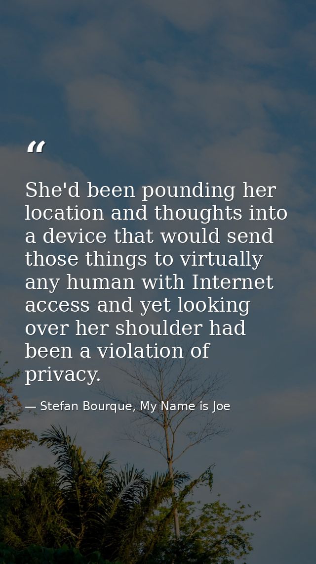 She'd been pounding her location and thoughts into a device that would send those things to virtually any human with Int — Stefan Bourque, My Name is Joe