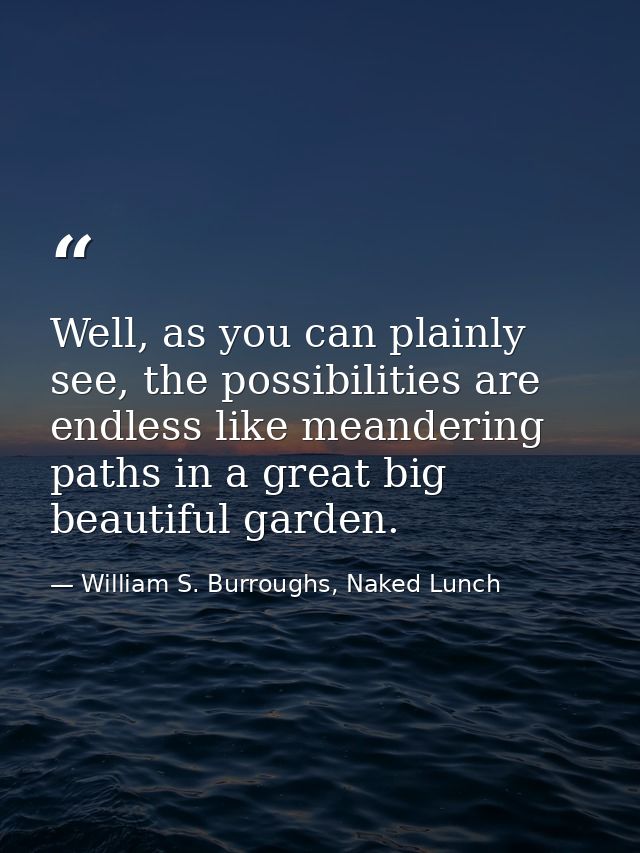 Well, as you can plainly see, the possibilities are endless like meandering paths in a great big beautiful garden. — William S. Burroughs, Naked Lunch