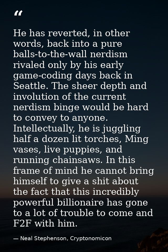 He has reverted, in other words, back into a pure balls-to-the-wall nerdism rivaled only by his early game-coding days b — Neal Stephenson, Cryptonomicon