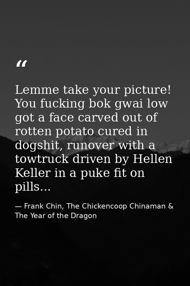 Lemme take your picture! You fucking bok gwai low got a face carved out of rotten potato cured in dogshit, runover with  — Frank Chin, The Chickencoop Chinaman & The Year of the Dragon