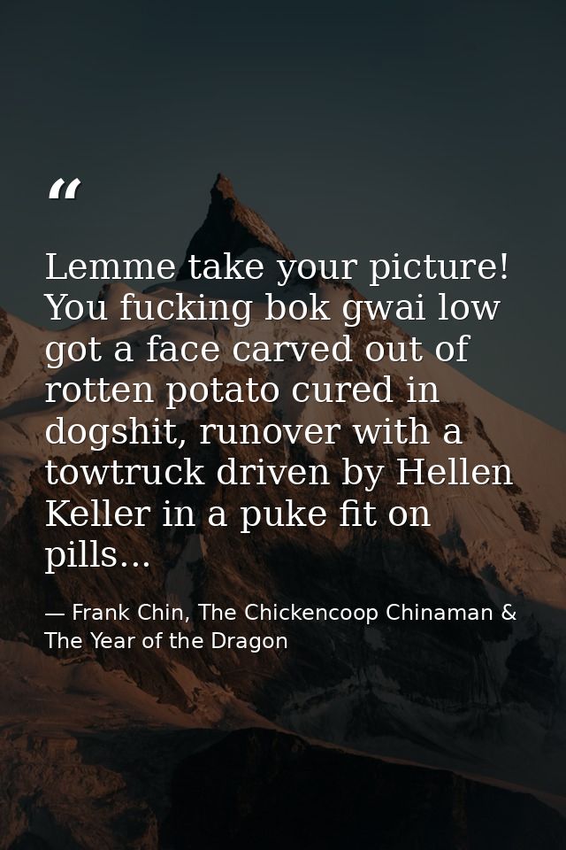 Lemme take your picture! You fucking bok gwai low got a face carved out of rotten potato cured in dogshit, runover with  — Frank Chin, The Chickencoop Chinaman & The Year of the Dragon
