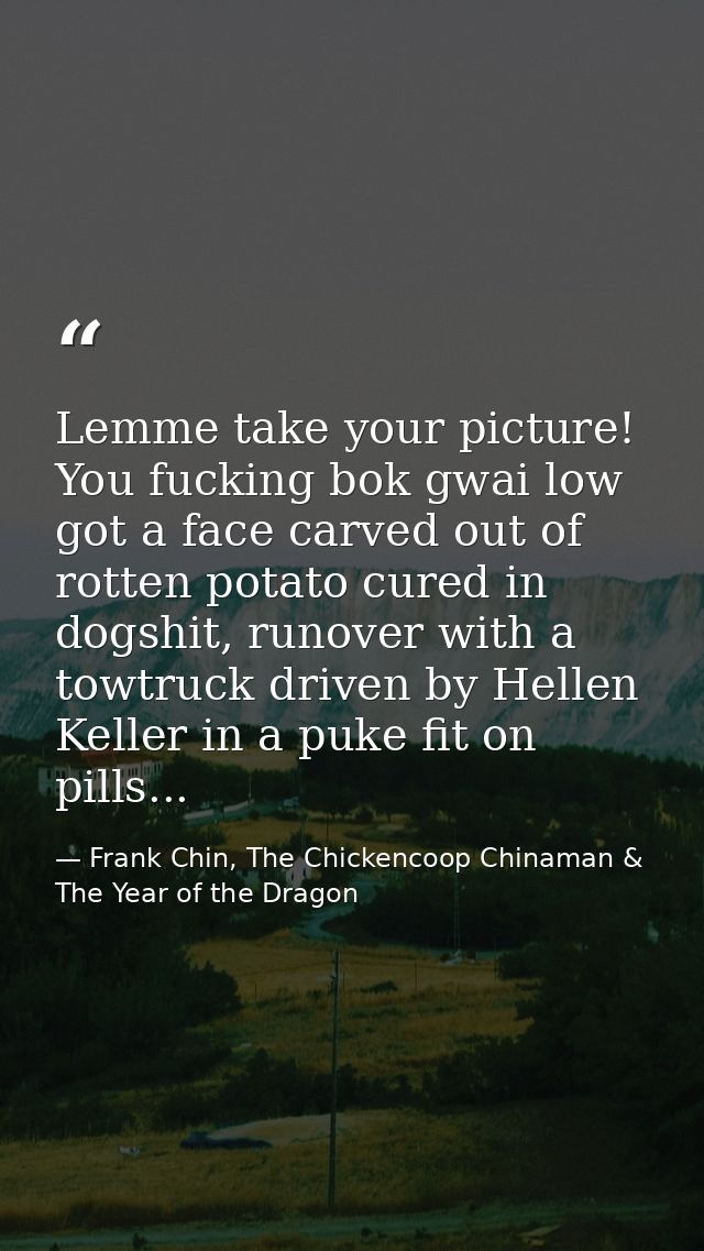 Lemme take your picture! You fucking bok gwai low got a face carved out of rotten potato cured in dogshit, runover with  — Frank Chin, The Chickencoop Chinaman & The Year of the Dragon