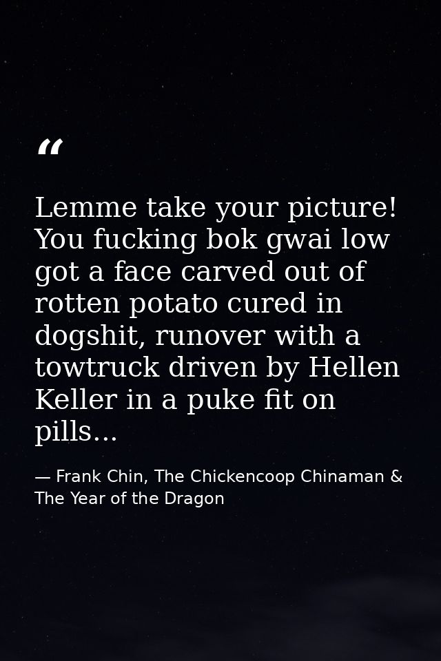 Lemme take your picture! You fucking bok gwai low got a face carved out of rotten potato cured in dogshit, runover with  — Frank Chin, The Chickencoop Chinaman & The Year of the Dragon