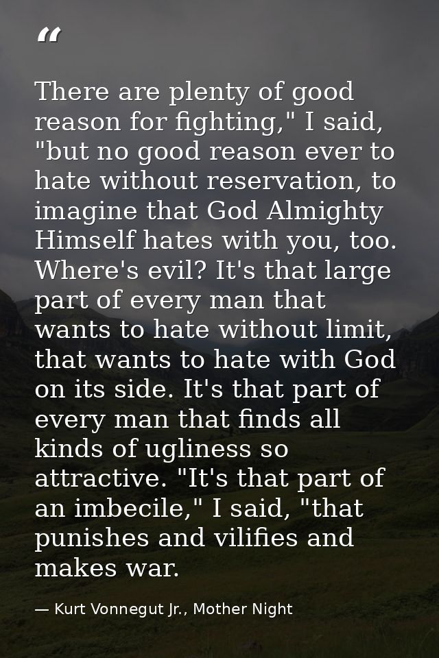 There are plenty of good reason for fighting," I said, "but no good reason ever to hate without reservation, to imagine  — Kurt Vonnegut Jr., Mother Night