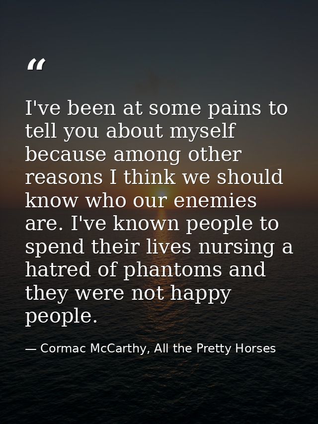 I've been at some pains to tell you about myself because among other reasons I think we should know who our enemies are. — Cormac McCarthy, All the Pretty Horses