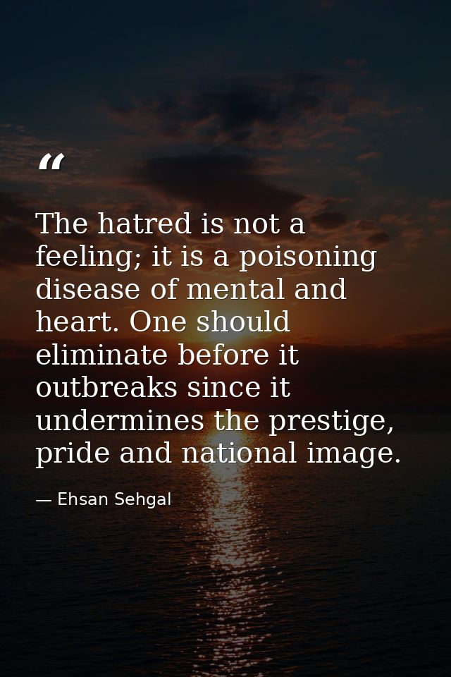 The hatred is not a feeling; it is a poisoning disease of mental and heart. One should eliminate before it outbreaks sin — Ehsan Sehgal