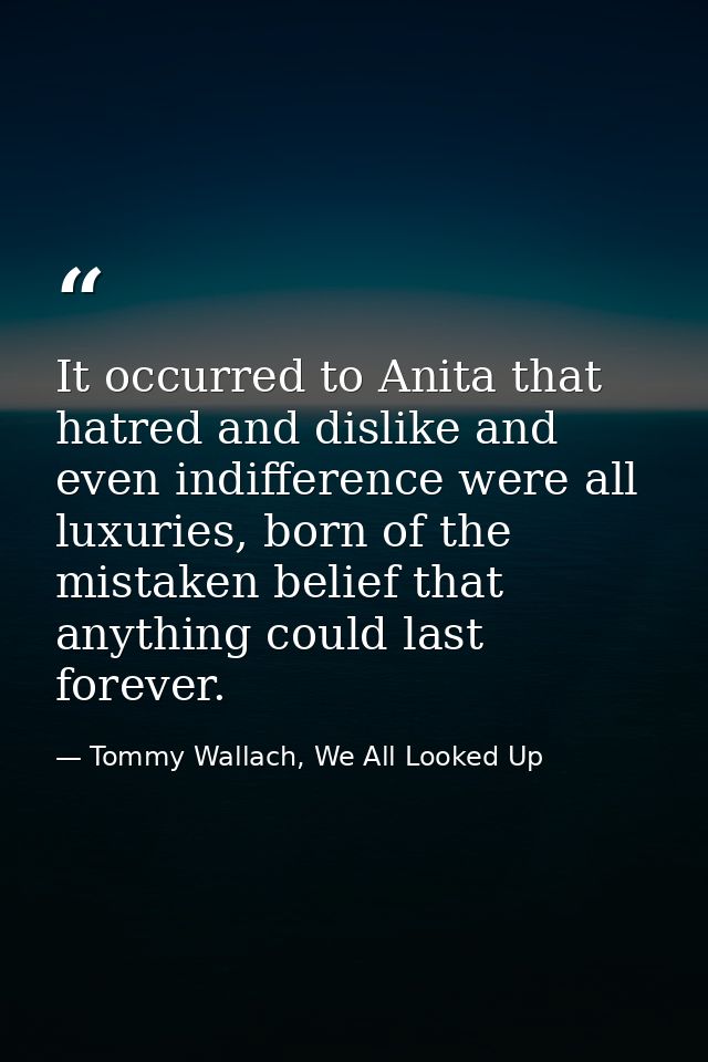It occurred to Anita that hatred and dislike and even indifference were all luxuries, born of the mistaken belief that a — Tommy Wallach, We All Looked Up