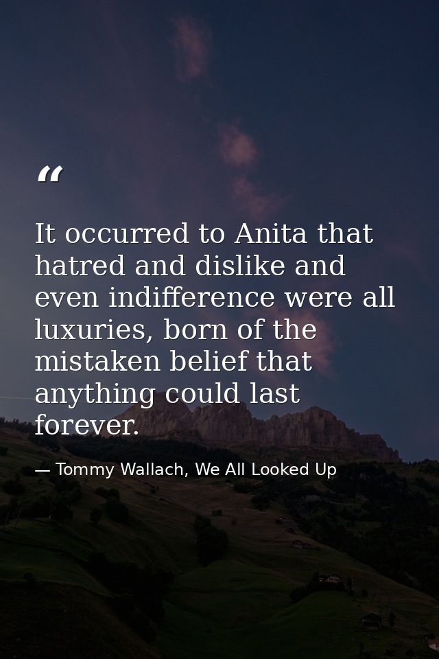 It occurred to Anita that hatred and dislike and even indifference were all luxuries, born of the mistaken belief that a — Tommy Wallach, We All Looked Up