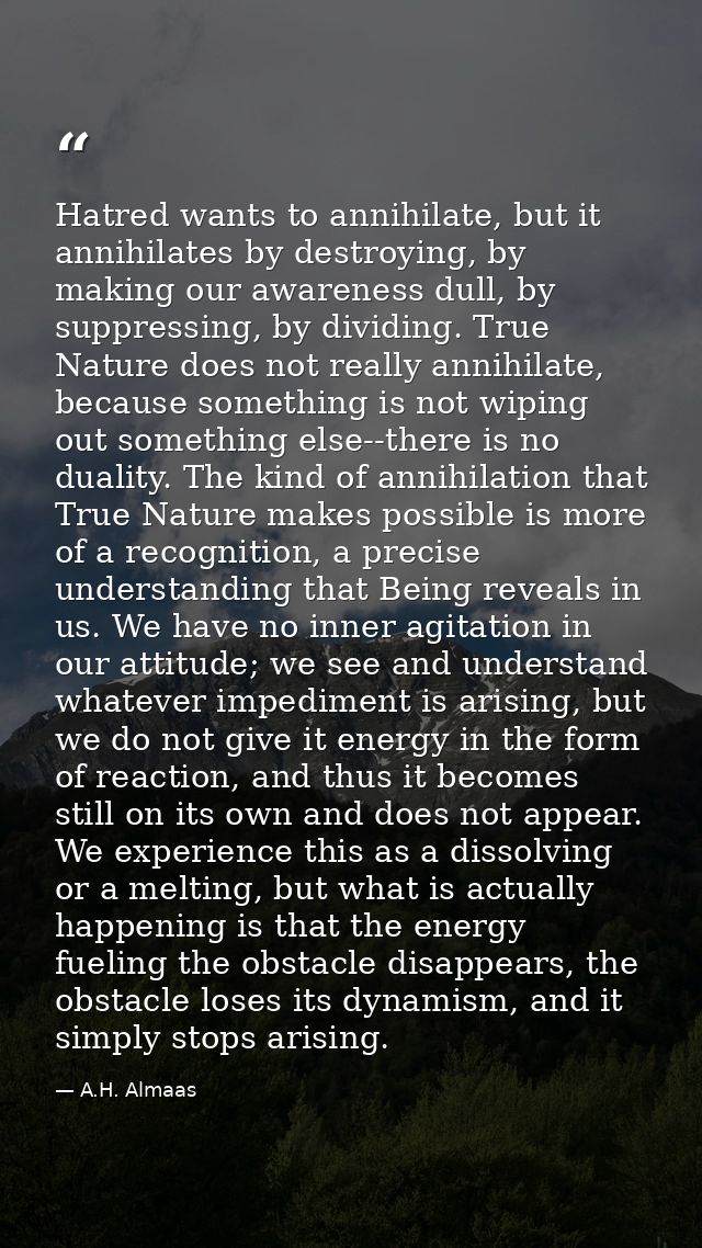 Hatred wants to annihilate, but it annihilates by destroying, by making our awareness dull, by suppressing, by dividing. — A.H. Almaas