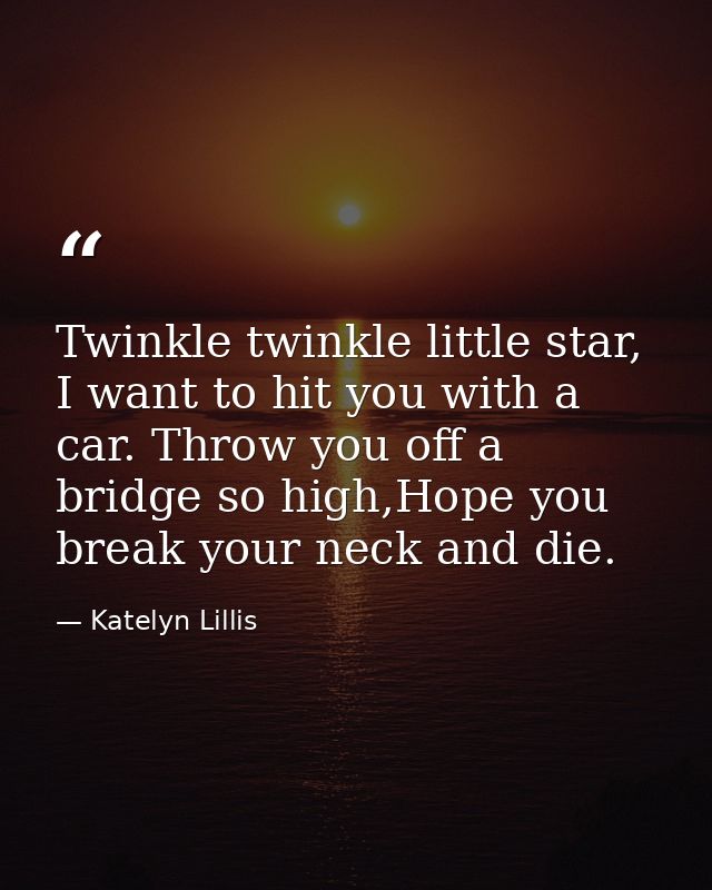 Twinkle twinkle little star, I want to hit you with a car. Throw you off a bridge so high,Hope you break your neck and d — Katelyn Lillis