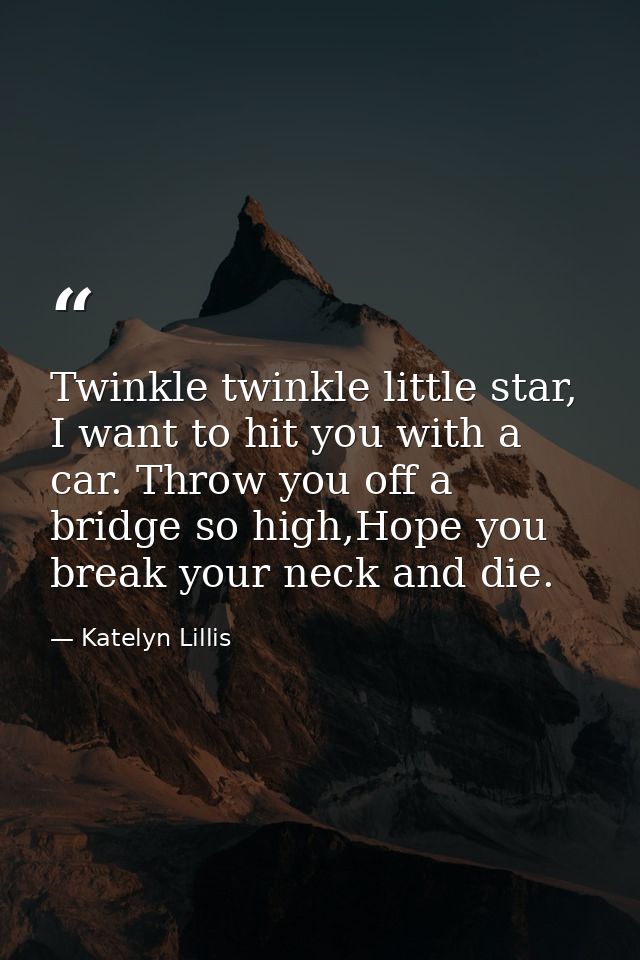 Twinkle twinkle little star, I want to hit you with a car. Throw you off a bridge so high,Hope you break your neck and d — Katelyn Lillis