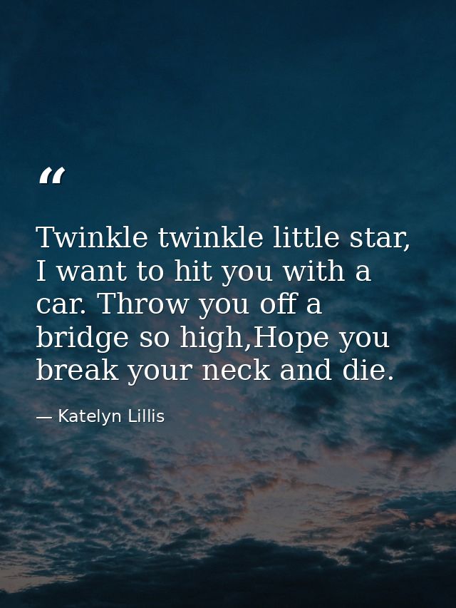 Twinkle twinkle little star, I want to hit you with a car. Throw you off a bridge so high,Hope you break your neck and d — Katelyn Lillis