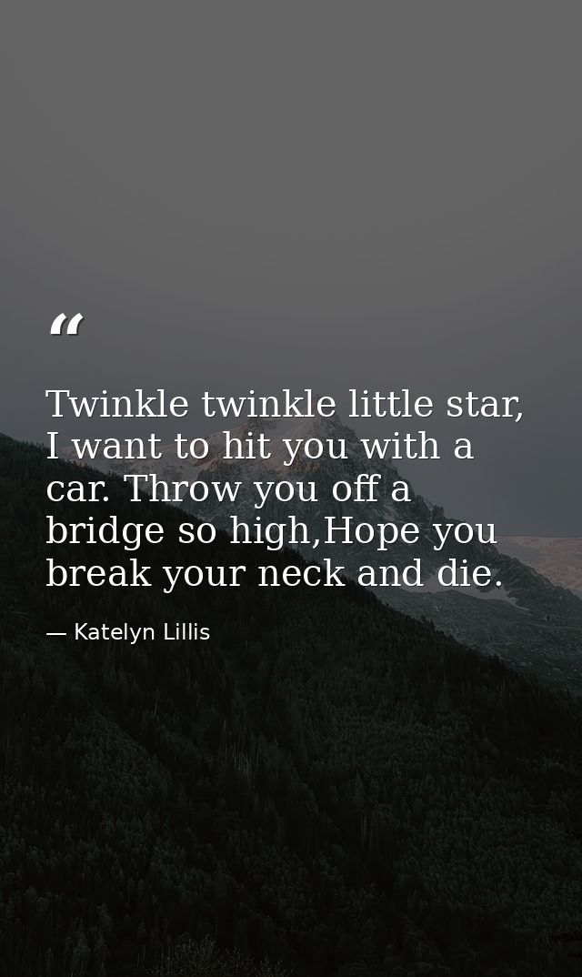 Twinkle twinkle little star, I want to hit you with a car. Throw you off a bridge so high,Hope you break your neck and d — Katelyn Lillis